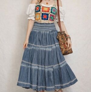 Indigo & Lace Blue Denim Skirt , Boho Small